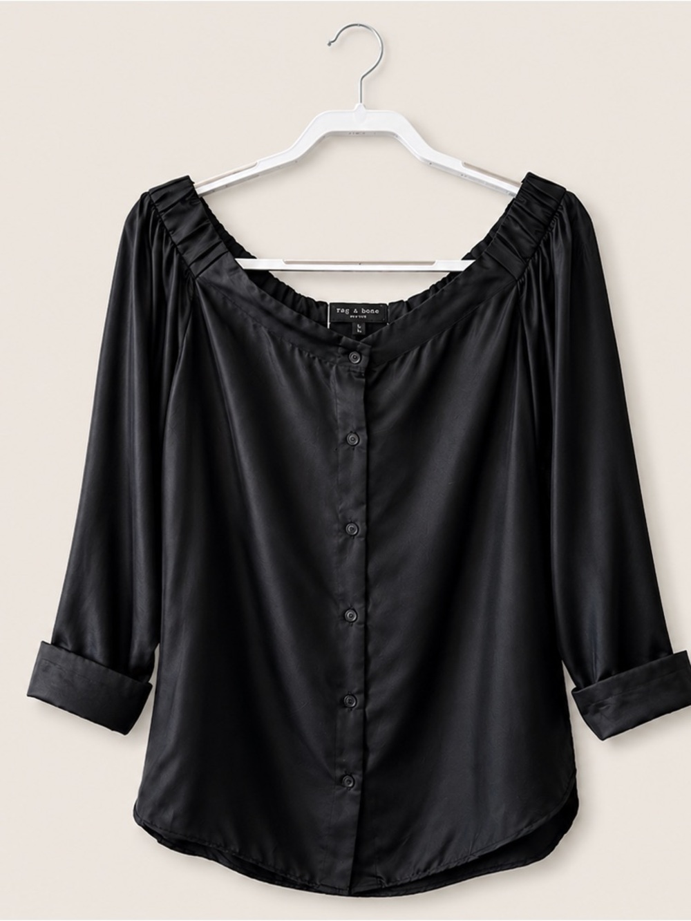 rag & bone Black 100% Silk Off Shoulder Button Front Blouse L